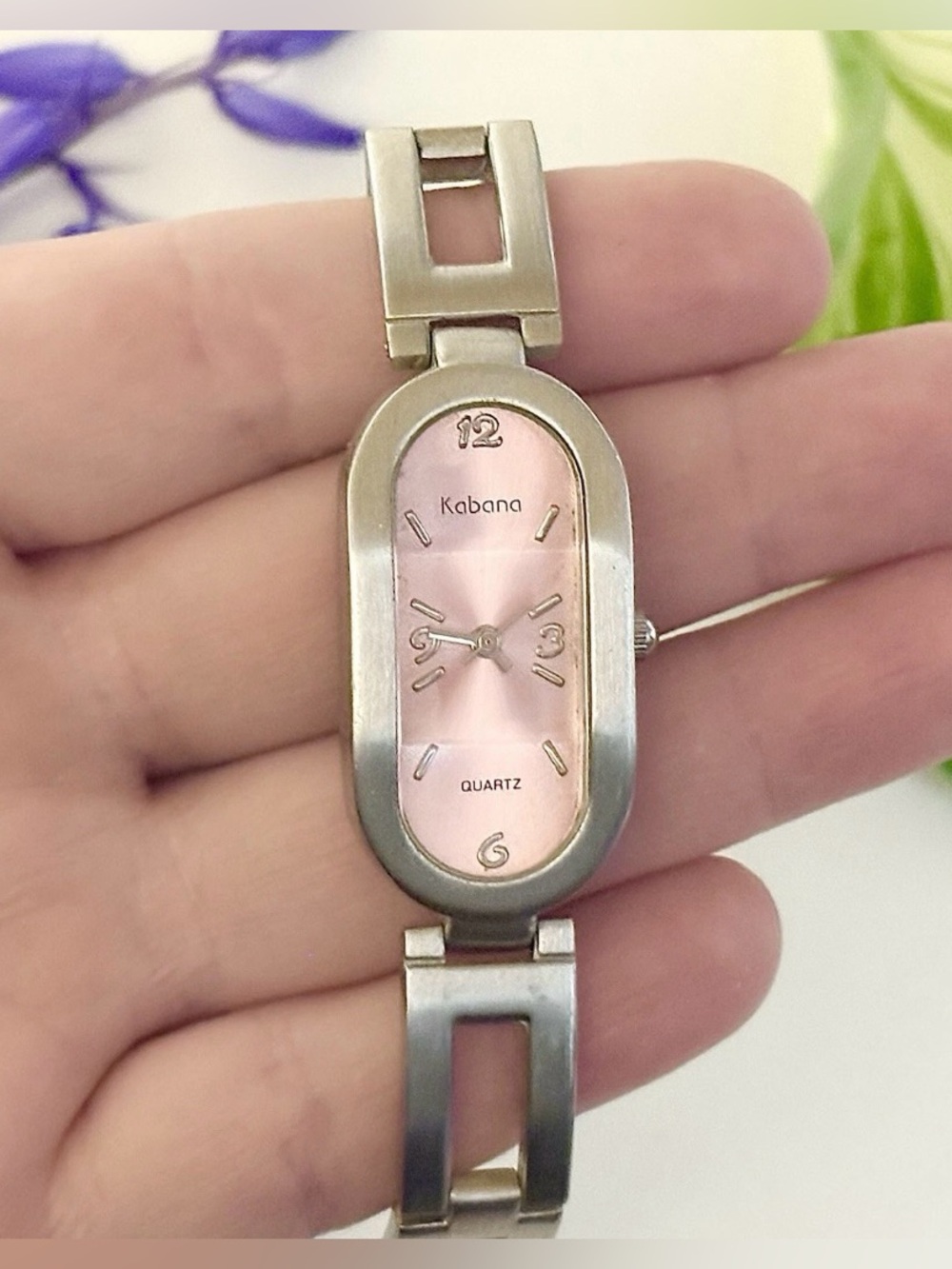 Vintage Stylish Kabana Pink Oval Dial Silver Open Link Sleek Chic Bracelet Watch